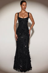 Embellished Appliqué Soft-Scoop Corset Gown in Black