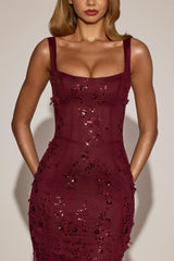Embellished Appliqué Soft-Scoop Corset Gown in Wine Red