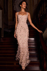 Embellished Appliqué Soft-Scoop Corset Gown in Gold