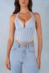 Halterneck Denim Corset Style Top in Light Denim