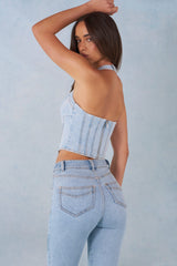 Halterneck Denim Corset Style Top in Light Denim