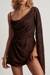 Devoré One-Sleeve A-Line Mini Dress in Dark Chocolate