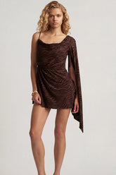 Devoré One-Sleeve A-Line Mini Dress in Dark Chocolate