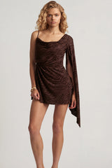 Devoré One-Sleeve A-Line Mini Dress in Dark Chocolate