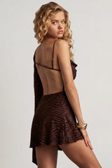 Devoré One-Sleeve A-Line Mini Dress in Dark Chocolate