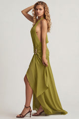 Asymmetric Halterneck Maxi Dress in Olive Green