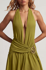 Asymmetric Halterneck Maxi Dress in Olive Green