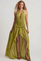 Asymmetric Halterneck Maxi Dress in Olive Green