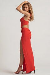 Textured Jersey Asymmetric Maxi Dress in Chilli Red
