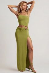 Textured Jersey Asymmetric Maxi Dress in Olive Green