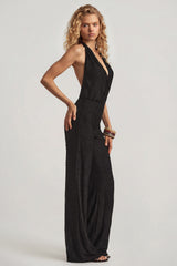 Devoré Halterneck Open-Back Jumpsuit in Black