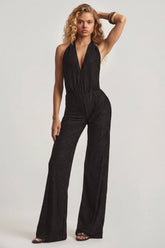 Devoré Halterneck Open-Back Jumpsuit in Black