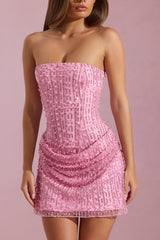 Embellished Draped Strapless A-Line Mini Dress in Pink