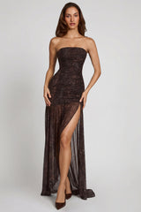 Embellished Bandeau Gathered Maxi Dress in Snake Hotfix