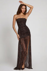 Embellished Bandeau Gathered Maxi Dress in Snake Hotfix