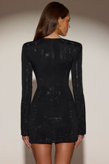 Embellished Asymmetric Bodycon Mini Dress in Black
