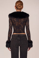 Sheer Lace Faux-Fur-Trim Cardigan in Black