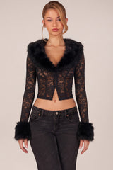 Sheer Lace Faux-Fur-Trim Cardigan in Black
