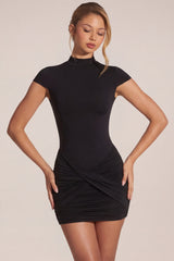 Jersey Turtleneck Ruched Backless Mini Dress in Black