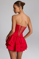 Ruffled Lace-Up Corset Playsuit in Fire Red