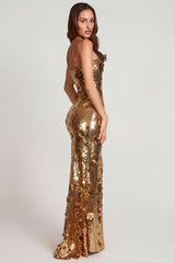 3D Embellished Bandeau Maxi Dress in Gold