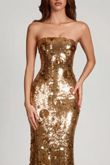3D Embellished Bandeau Maxi Dress in Gold