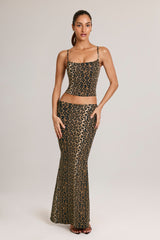 Modal Mid-Rise Fishtail Maxi Skirt in Leopard Print