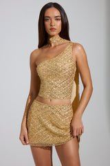 Embellished Asymmetric Scarf-Detail Top in Gold