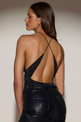 Embellished Jersey Halterneck Backless Top in Black