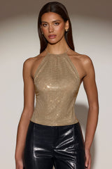 Embellished Jersey Halterneck Backless Top in Gold