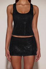 Embellished Jersey Scoop-Neck Racerback Top in Black