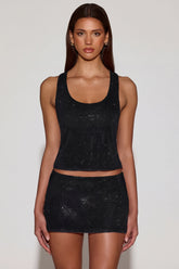 Embellished Jersey Scoop-Neck Racerback Top in Black