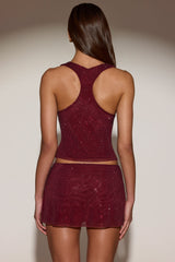 Embellished Jersey Scoop-Neck Racerback Top in Burgundy
