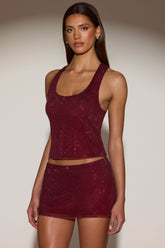 Embellished Jersey Scoop-Neck Racerback Top in Burgundy