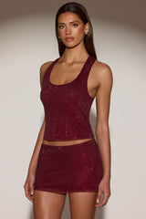 Embellished Jersey Scoop-Neck Racerback Top in Burgundy