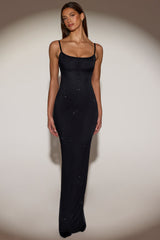 Sheer Embellished Backless Maxi Dress in Black
