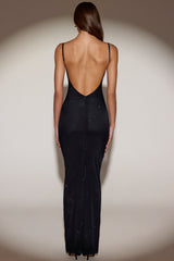 Sheer Embellished Backless Maxi Dress in Black