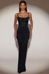 Sheer Embellished Backless Maxi Dress in Black