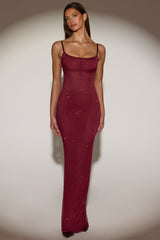 Sheer Embellished Backless Maxi Dress in Burgundy