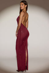 Sheer Embellished Backless Maxi Dress in Burgundy