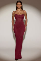 Sheer Embellished Backless Maxi Dress in Burgundy