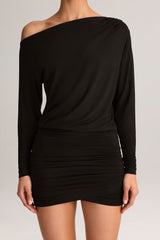 Modal Off-Shoulder Wrap Mini Dress in Black