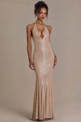 Premium Embellished Plunge-Neck Open-Back Gown in Beige Gold