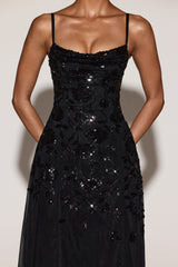 Embellished Soft-Scoop Asymmetric Midaxi Dress in Black
