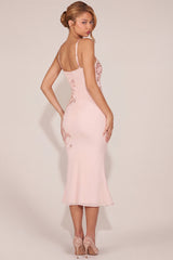 Embellished Peekaboo Fluted-Hem Midaxi Dress in Pink
