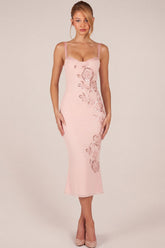 Embellished Peekaboo Fluted-Hem Midaxi Dress in Pink