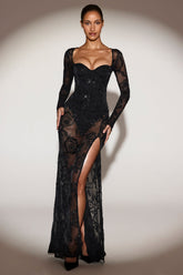 Sheer Embellished Bodysuit Corset Gown Dress in Black