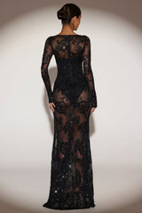 Sheer Embellished Bodysuit Corset Gown Dress in Black
