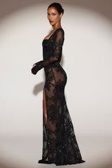 Sheer Embellished Bodysuit Corset Gown Dress in Black