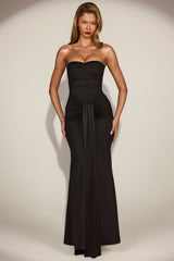 Satin Peekaboo Bandeau Draped Gown in Black
